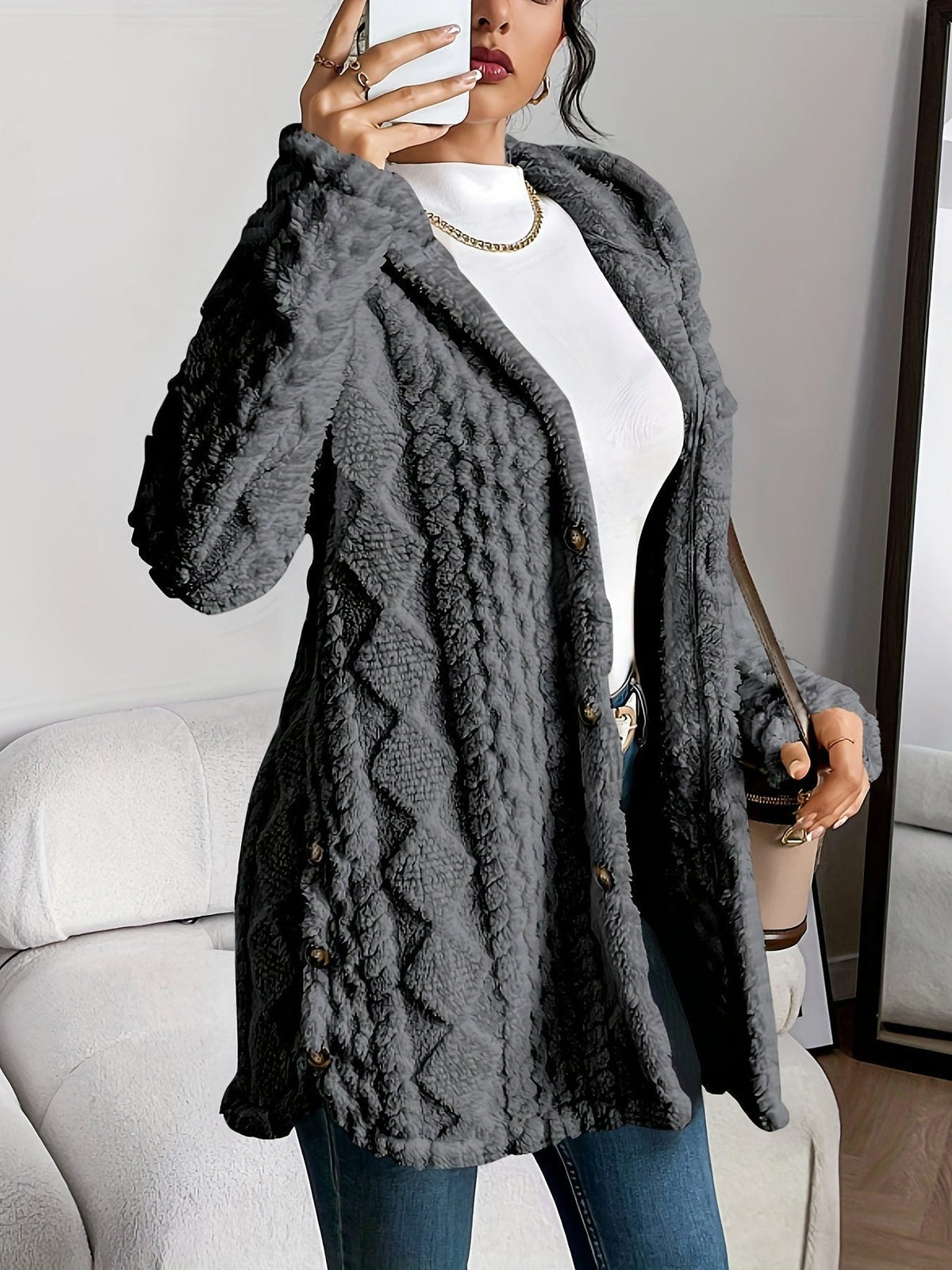 Women's Fleece Loose-Fit Hood-Detail Knit Cardigan – Gray
