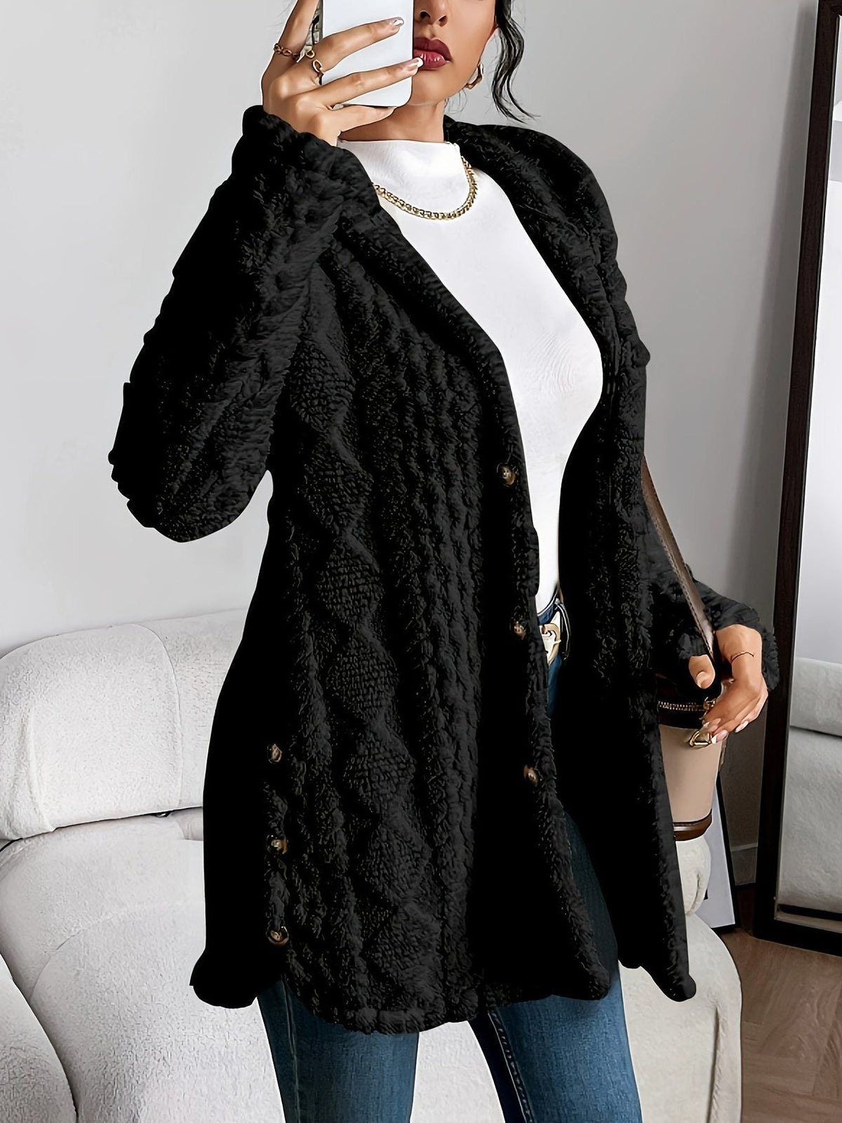 Women's Fleece Loose-Fit Hood-Detail Knit Cardigan – Black