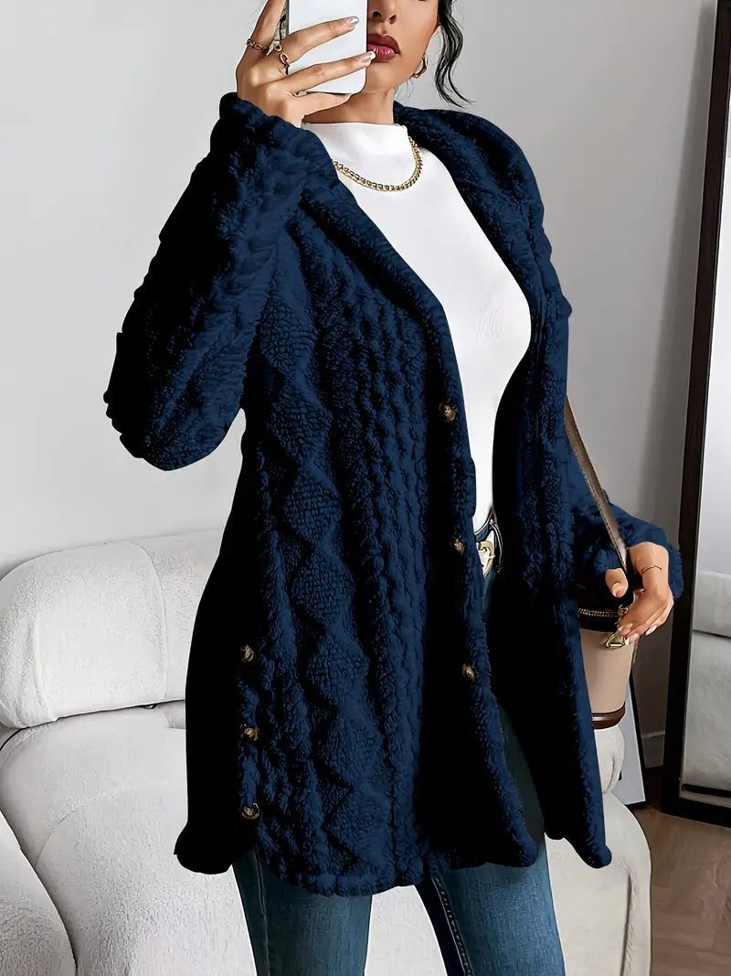 Women's Fleece Loose-Fit Hood-Detail Knit Cardigan – Navy Blue