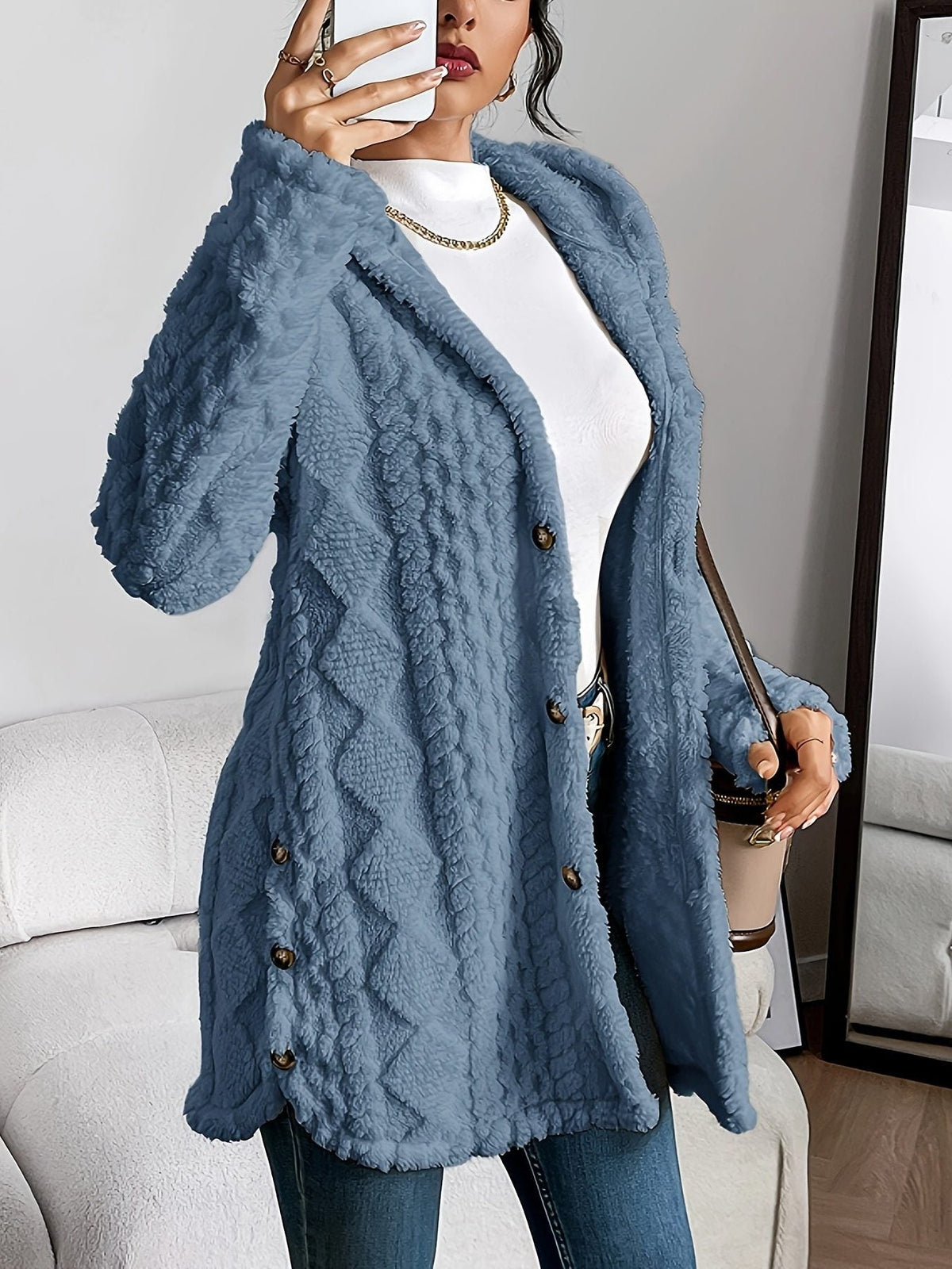 Women's Fleece Loose-Fit Hood-Detail Knit Cardigan – view 3