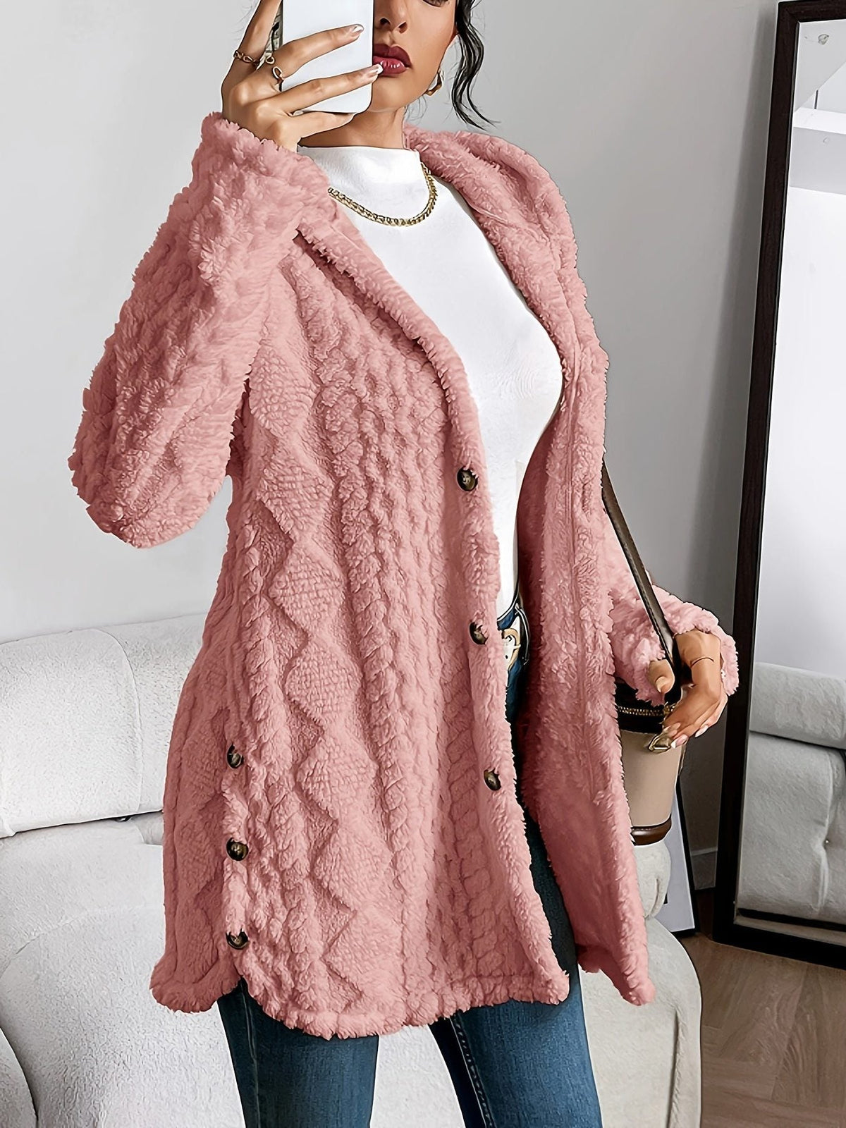 Women's Fleece Loose-Fit Hood-Detail Knit Cardigan – view 8