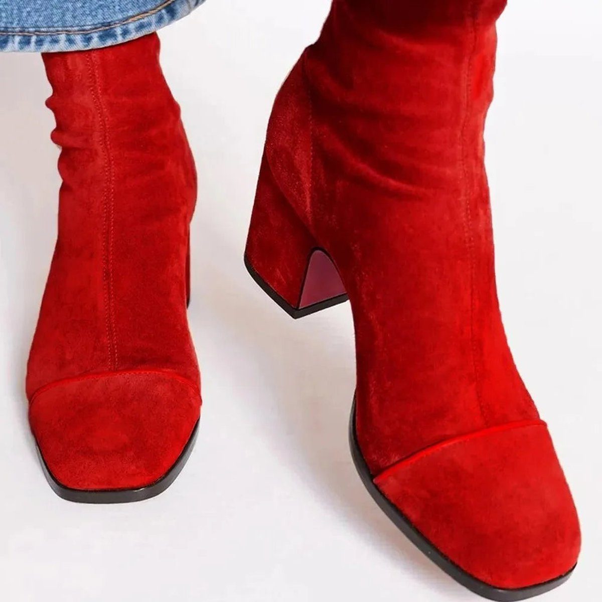 Women's Suede-Finish Block-Heel Booties – Red