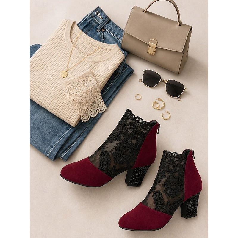 Women's Flower-Print Lace-Detail Block-Heel Booties – view 4