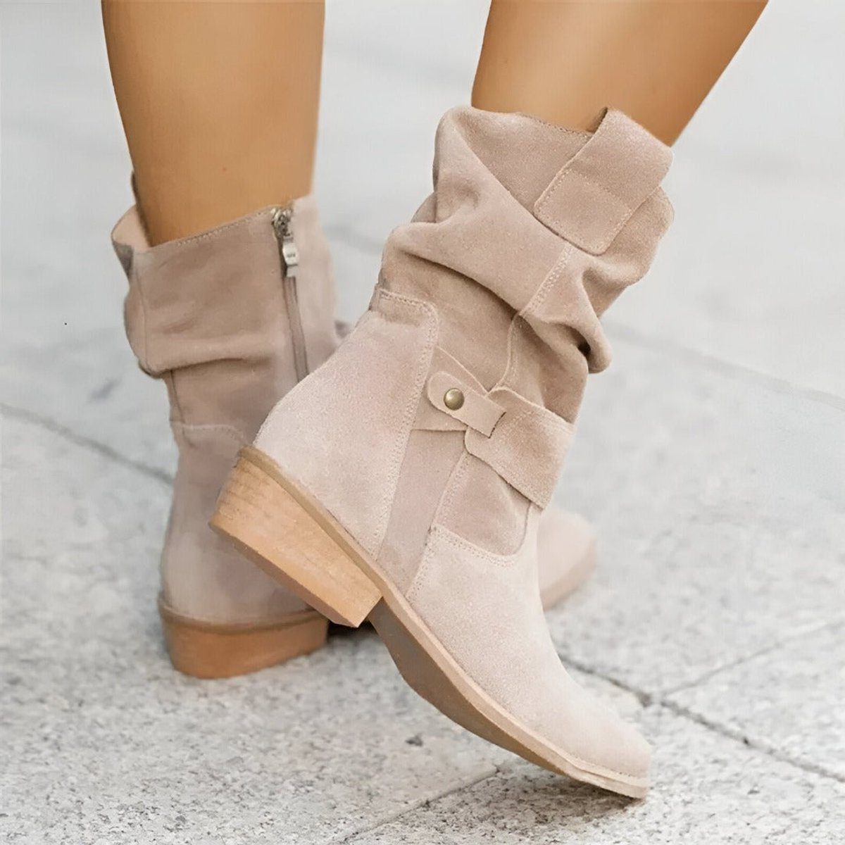 Women's Slouchy Block-Heel Mid-Calf Boots for Walking – Beige