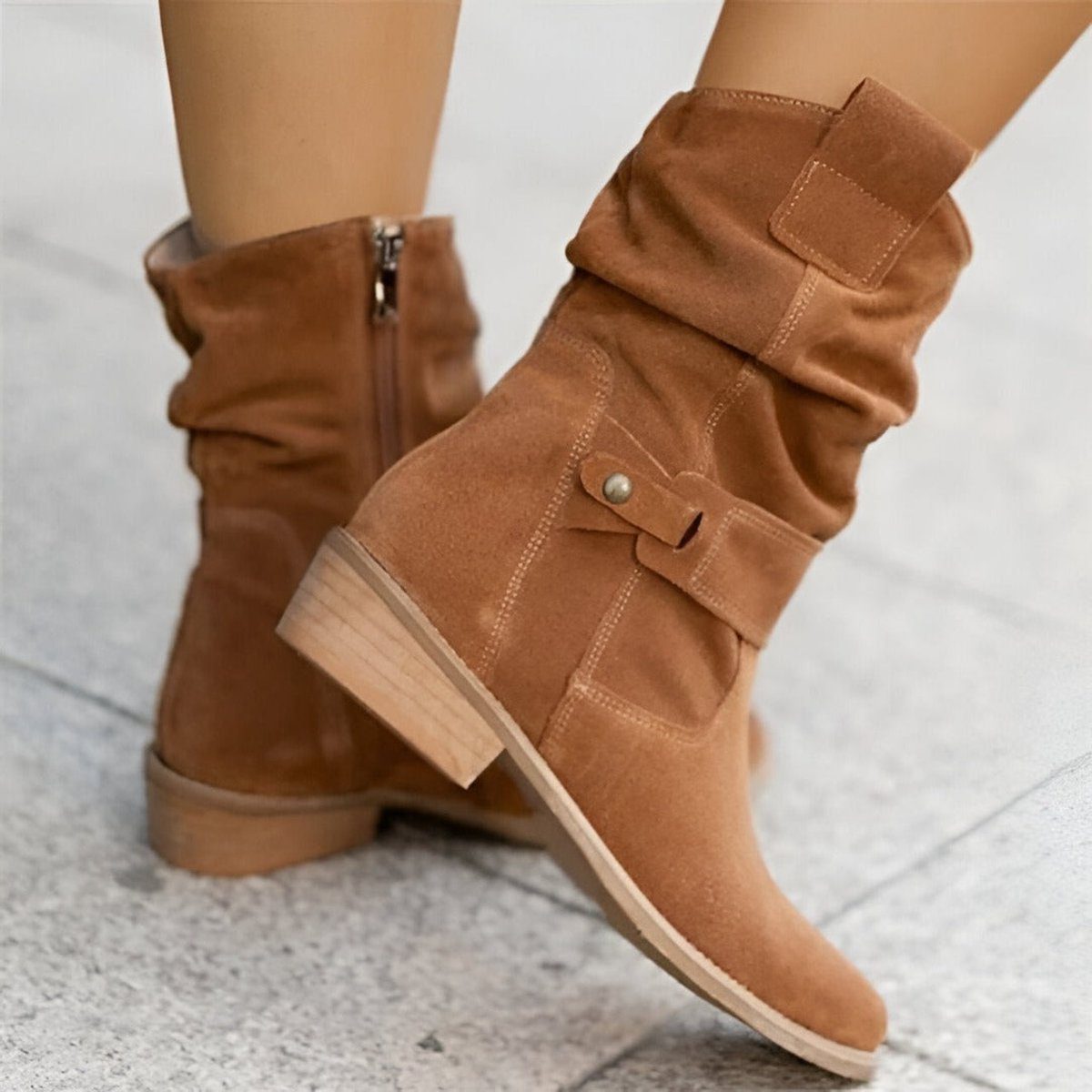 Women's Slouchy Block-Heel Mid-Calf Boots for Walking – Brown