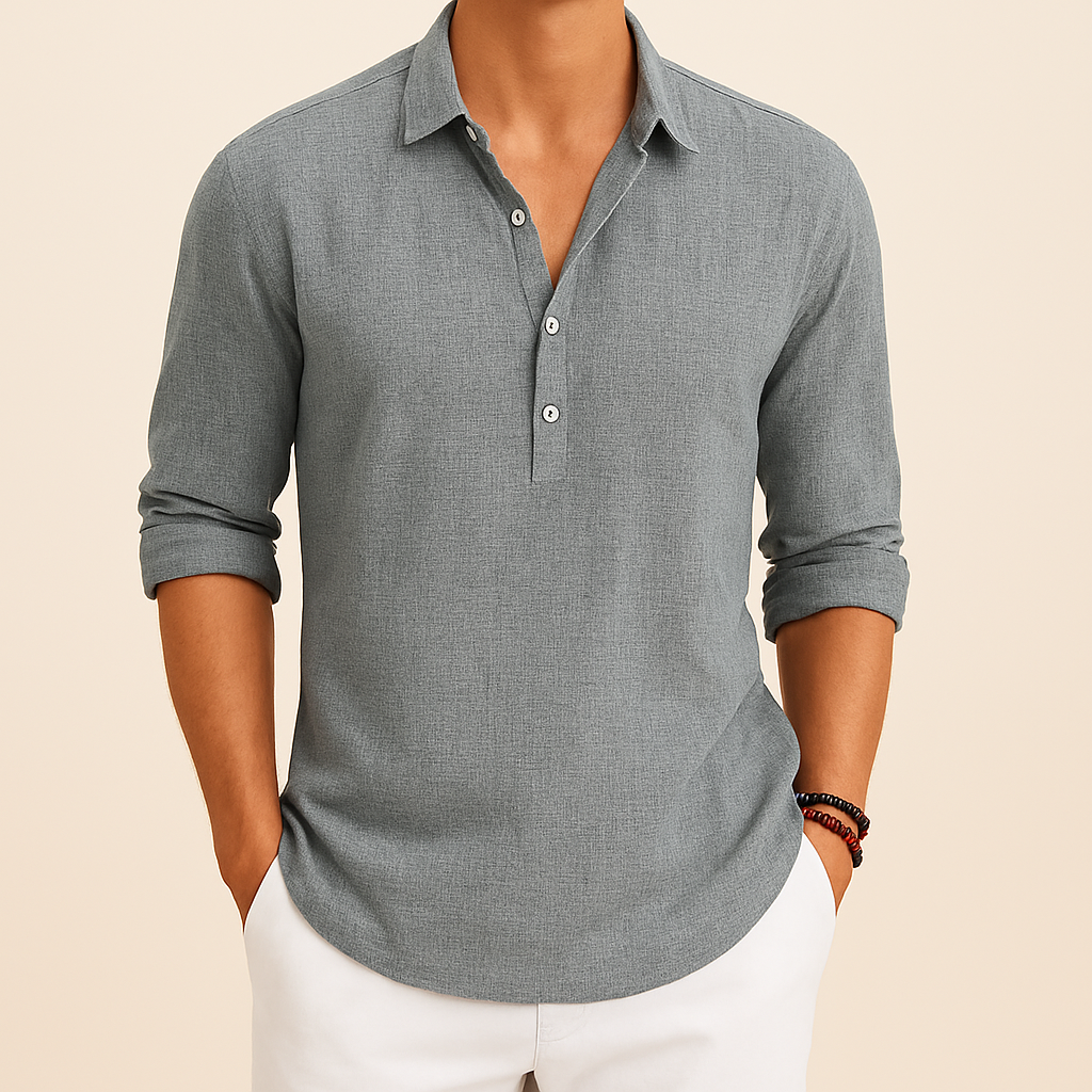 Men's Oversized Long Sleeve Polo Shirt – Gray