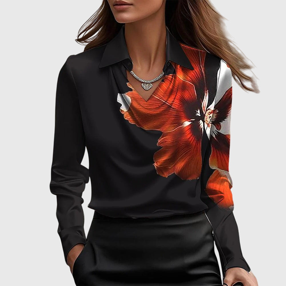 Women's Satin-Finish Cowl-Neck Blouse – Black Red