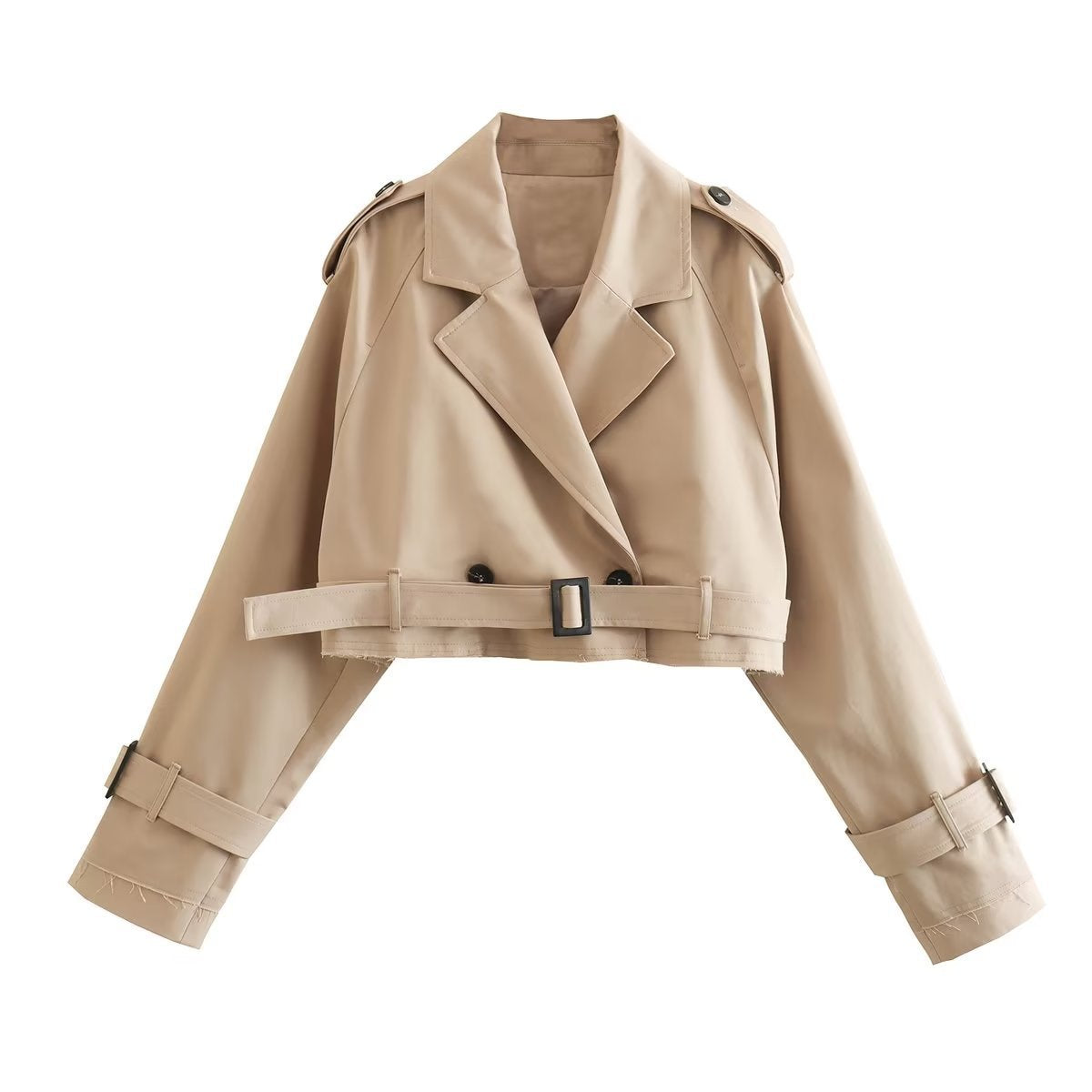 Women's Belt-Detail Crop-Length Trench Jacket – Beige