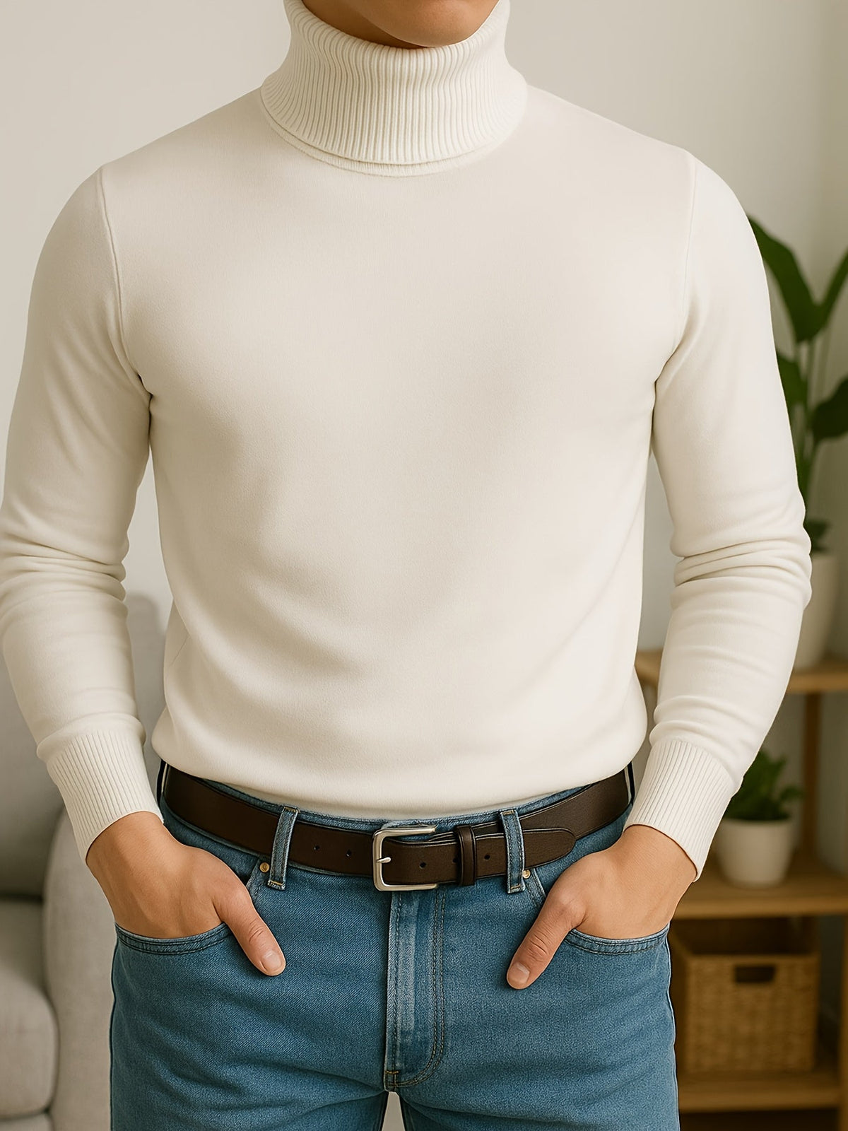 Men's Rib-Knit Roll-Neck Knit Pullover – White
