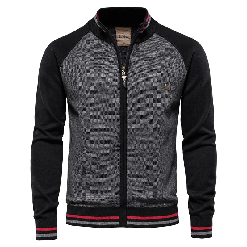 Men's Cotton Stand Collar Full-Zip Knit Cardigan – Black