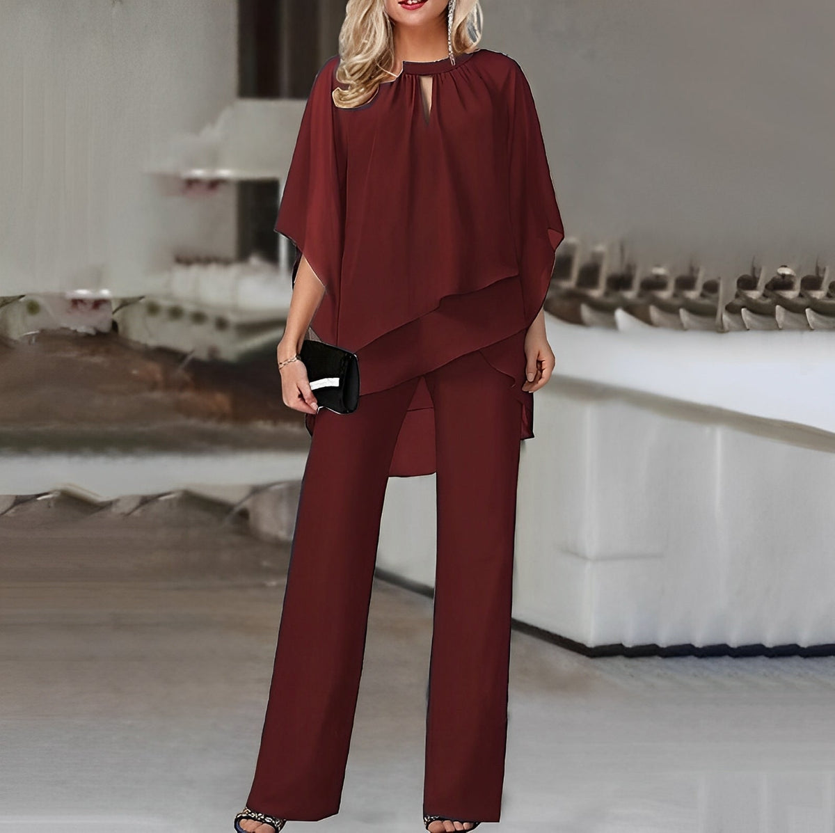 Women's Cape Top Wide-Cut Pants Set – Wine Red