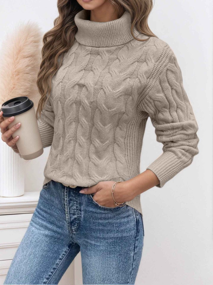 Women's Cable-Stitch Roll-Neck Pullover – Light Blue