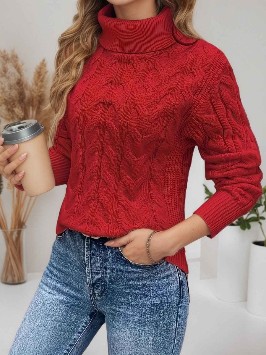 Women's Cable-Stitch Roll-Neck Pullover – Red