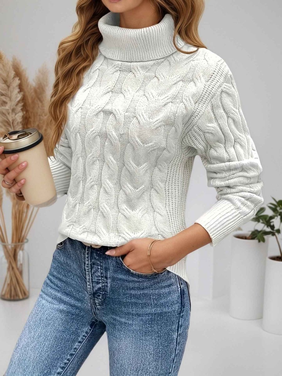 Women's Cable-Stitch Roll-Neck Pullover – White