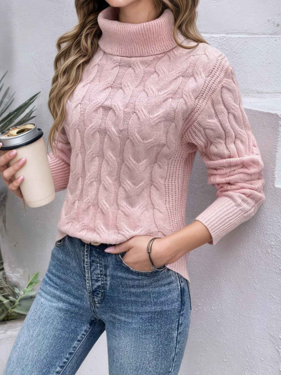 Women's Cable-Stitch Roll-Neck Pullover – Light Pink