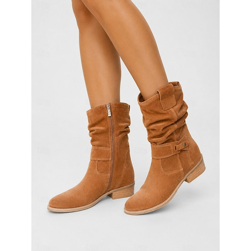 Women's Slouchy Block-Heel Booties with Side Zip – Brown