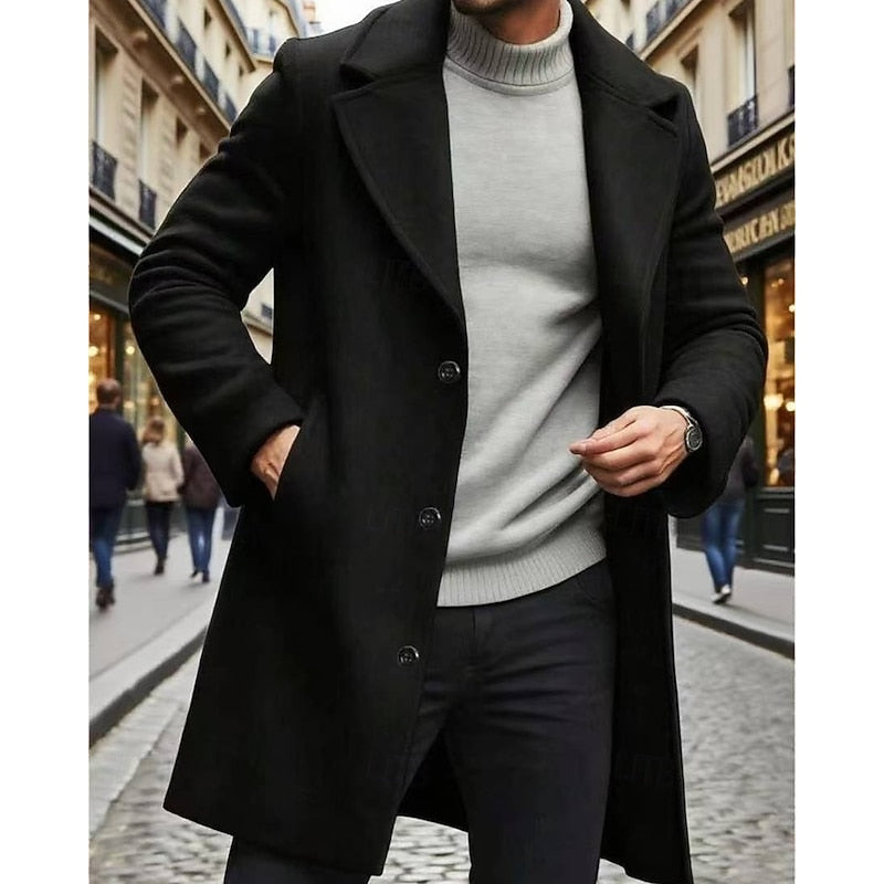 Men's Timeless Long Overcoat with Roomy Pockets – Black