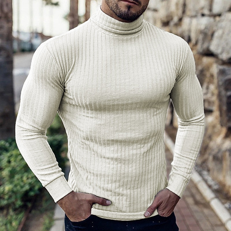 Men's Light-Weight Rib-Knit Roll-Neck Knit Pullover – White