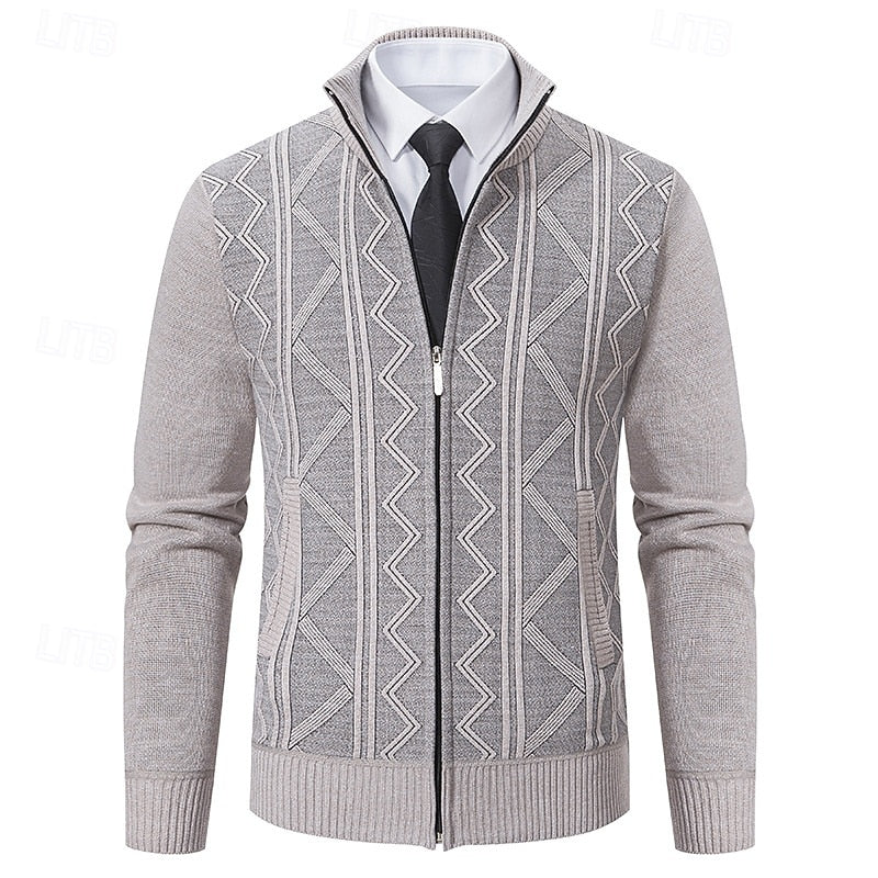 Men's Textured Knit Stand-Collar Zip Knit Cardigan – Beige