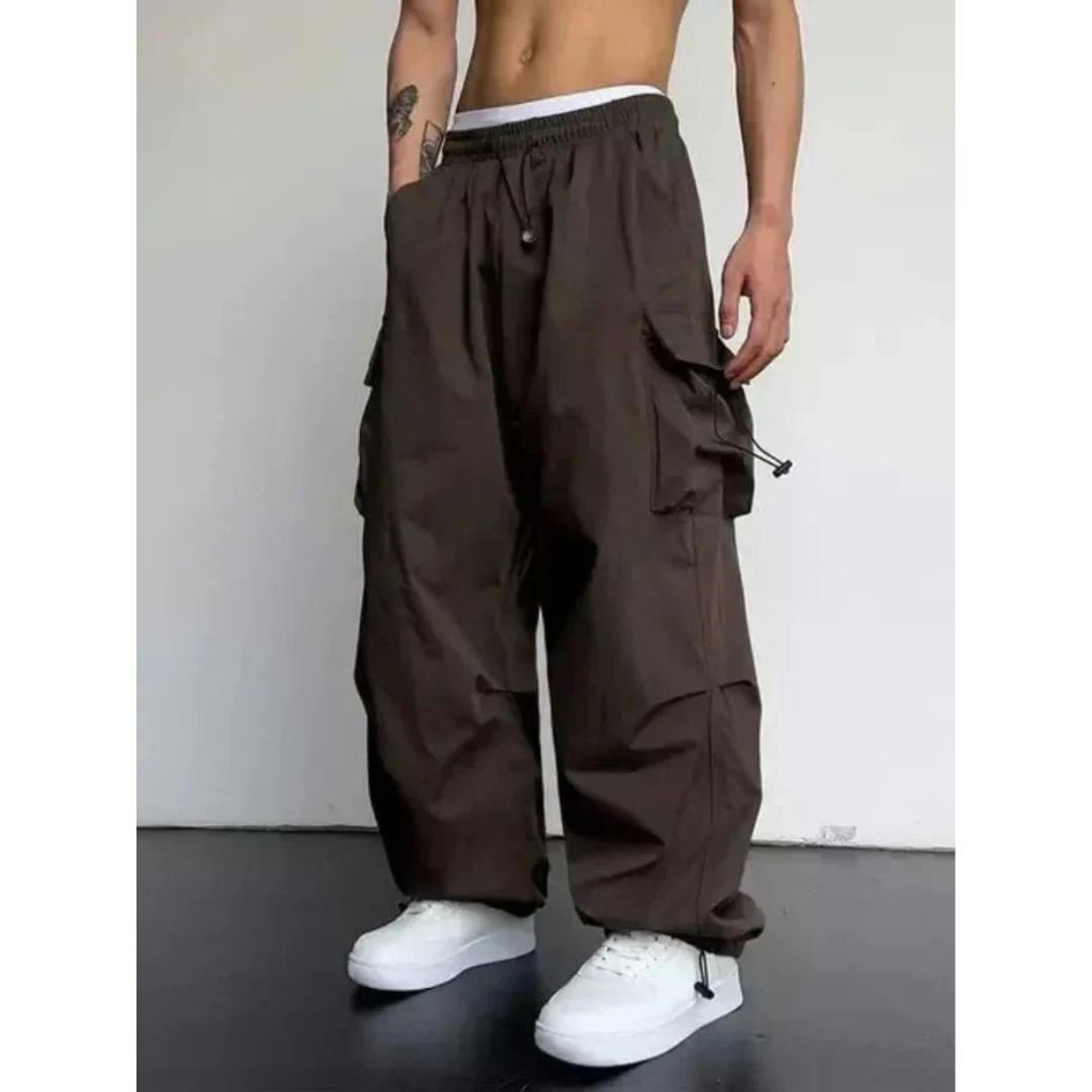 Men's Flared-Leg Cargo Trousers – Dark Brown