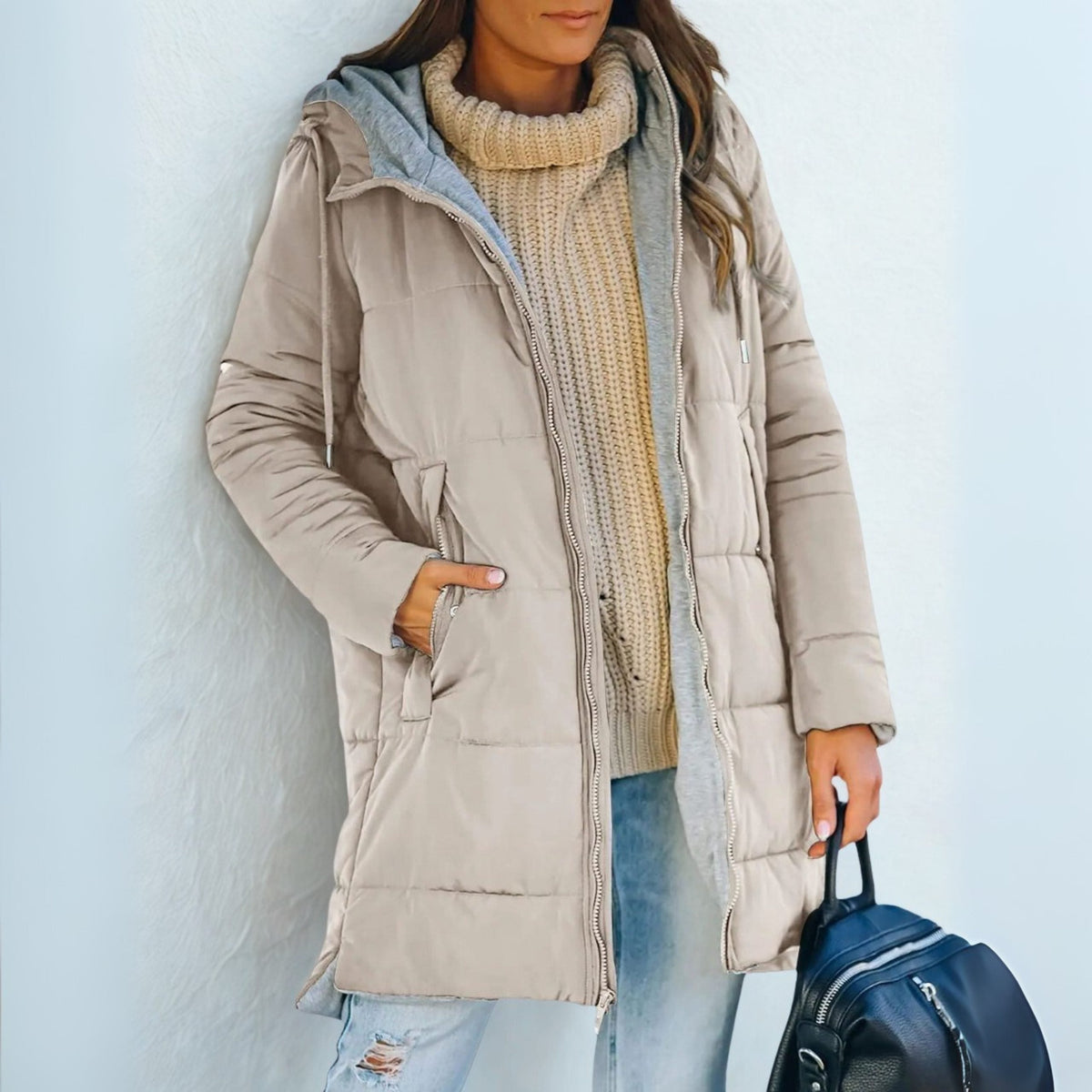 Women's Knee-Length Hood-Detail Puffer Jacket – Beige
