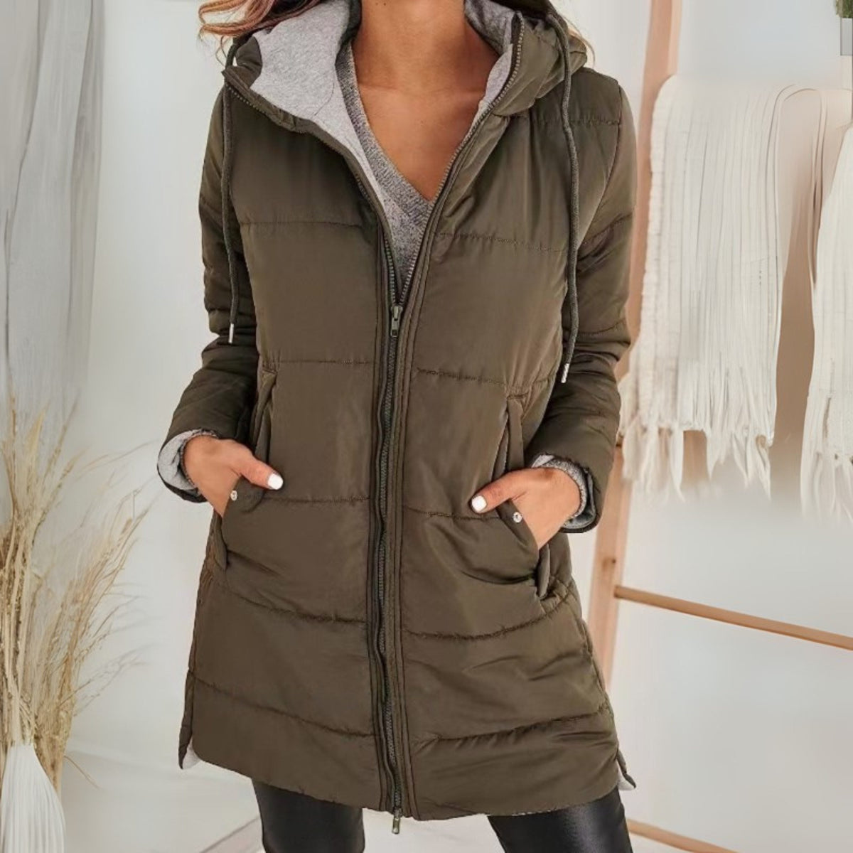 Women's Knee-Length Hood-Detail Puffer Jacket – Brown