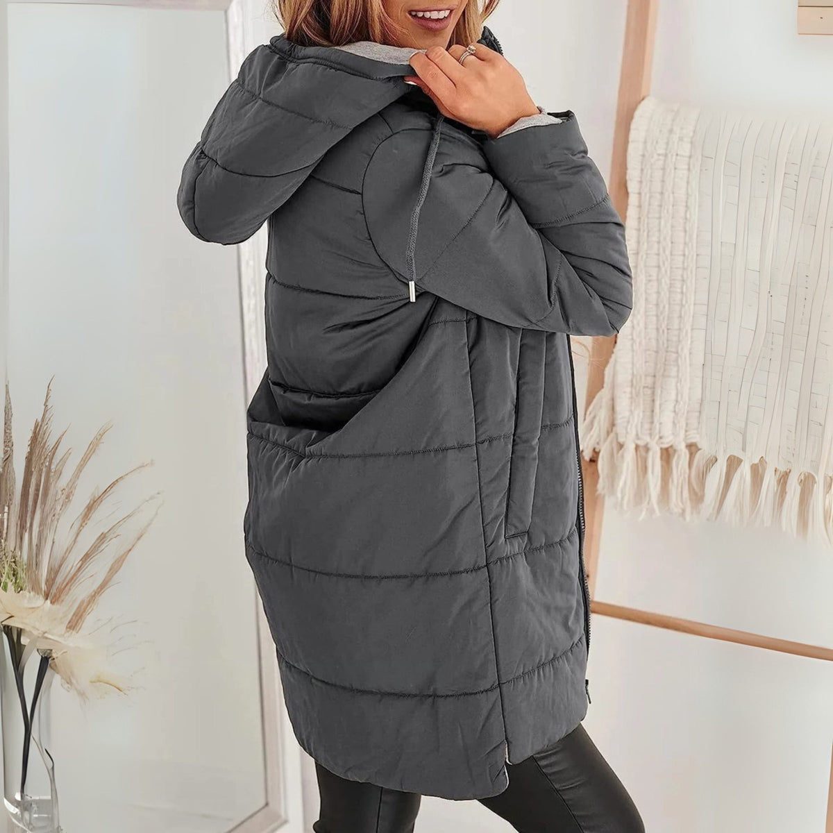 Women's Knee-Length Hood-Detail Puffer Jacket – Gray