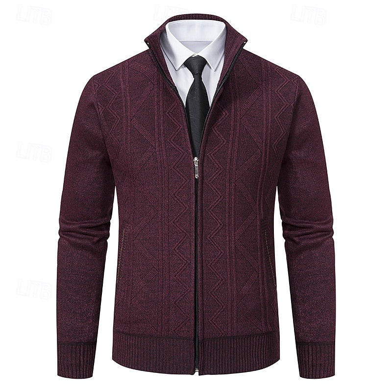Men's Textured Knit Stand-Collar Zip Knit Cardigan – Burgundy