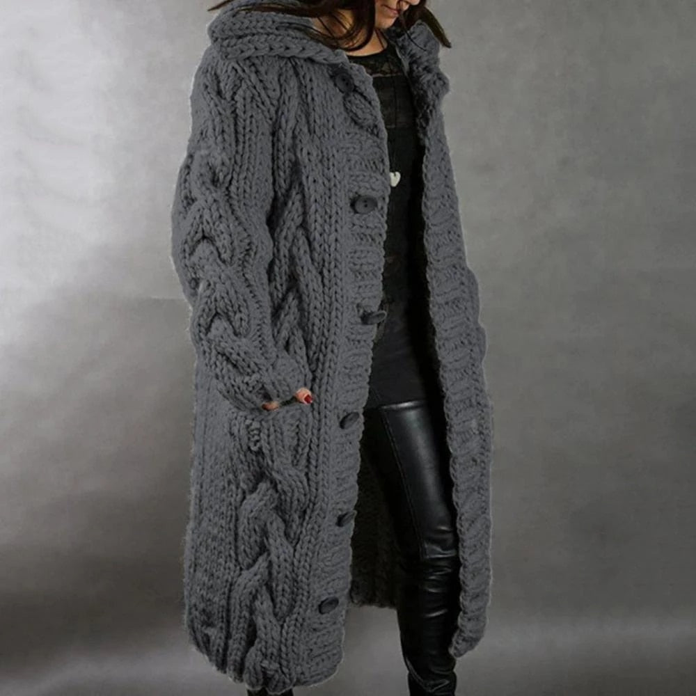 Women's Cable-Knit Hood-Detail Knit Cardigan – Dark Gray