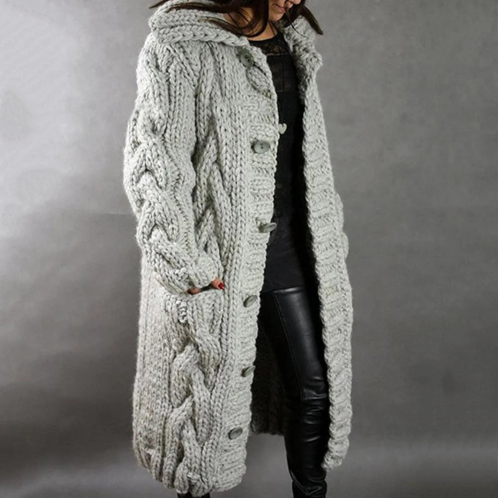 Women's Cable-Knit Hood-Detail Knit Cardigan – Light Gray