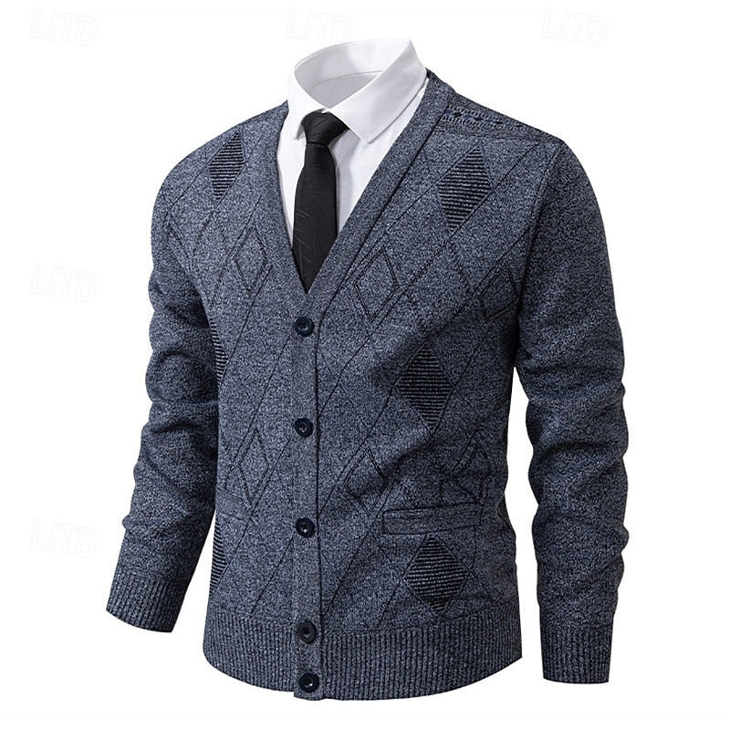 Men's Argyle V-Neckline Button Knit Cardigan – Light Gray