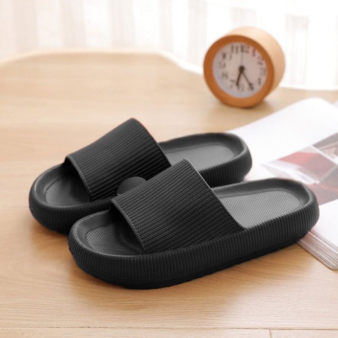 Women's Textured Strap Cushioned Slide Slippers for Walking – Black