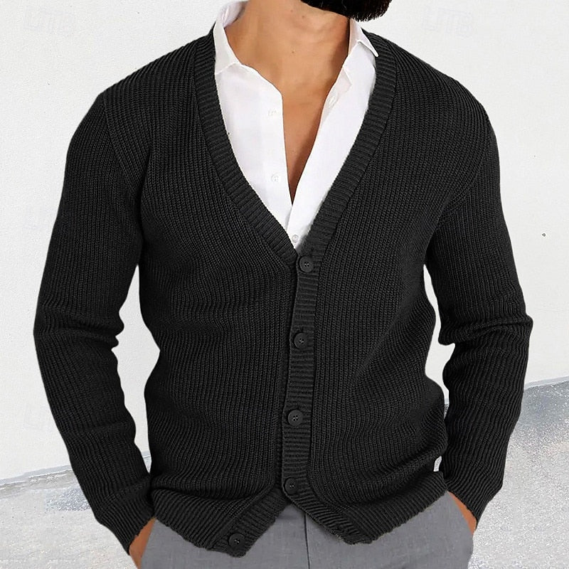 Men's Timeless V-Neckline Rib-Knit Button-Front Knit Cardigan – Black