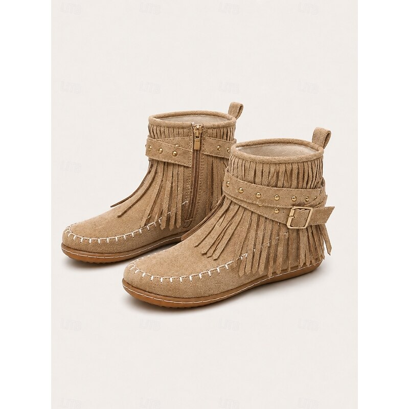 Women's Fringe Moccasin Booties – Beige