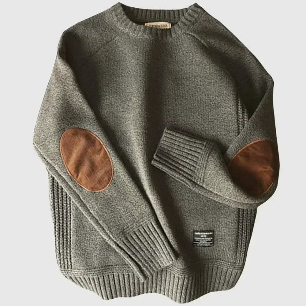 Men's Crew-Neck Knit Pullover with Elbow Patches – Gray