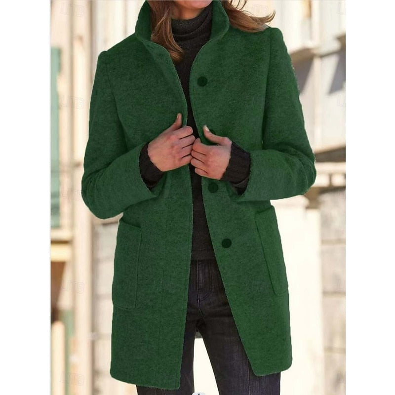 Women's Fitted Stand Collar Cold-Weather Coat – Dark Green