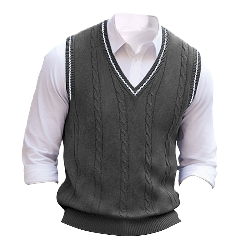 Men's Cable-Stitch V-Neckline Sweater Vest – Dark Gray