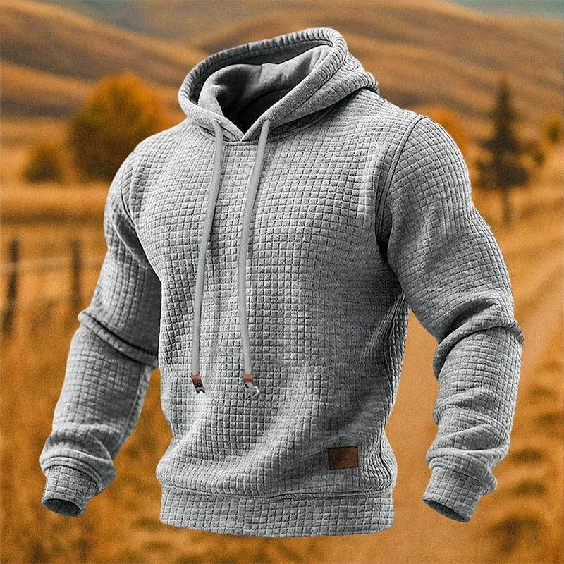 Men's Waffle Texture Pullover Hoodie for Everyday Wear – Light Gray