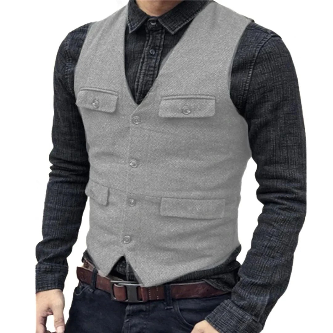 Men's V-Neckline Multi-Pocket Traditional Waistcoat – Light Gray