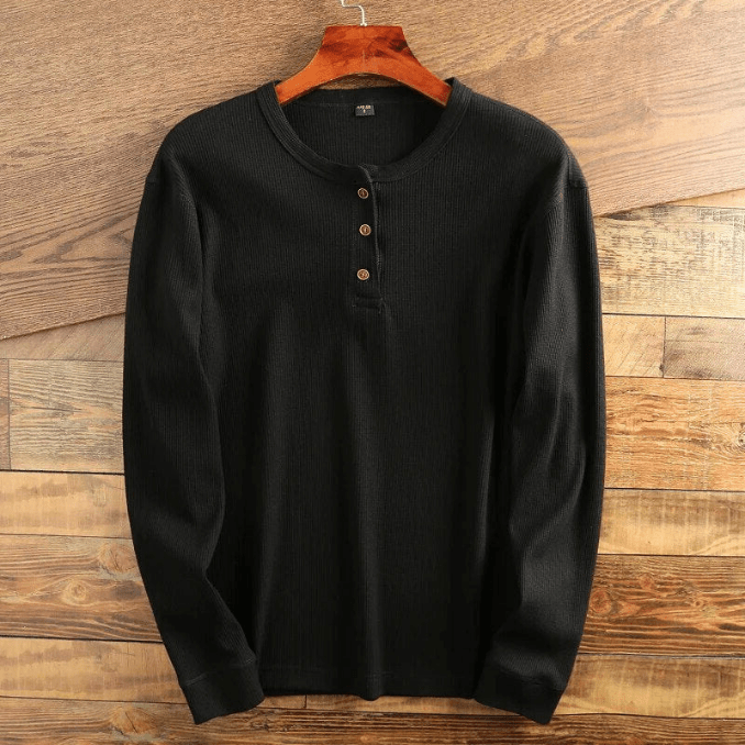 Men's Waffle Knit Henley Shirt for Fall – Black