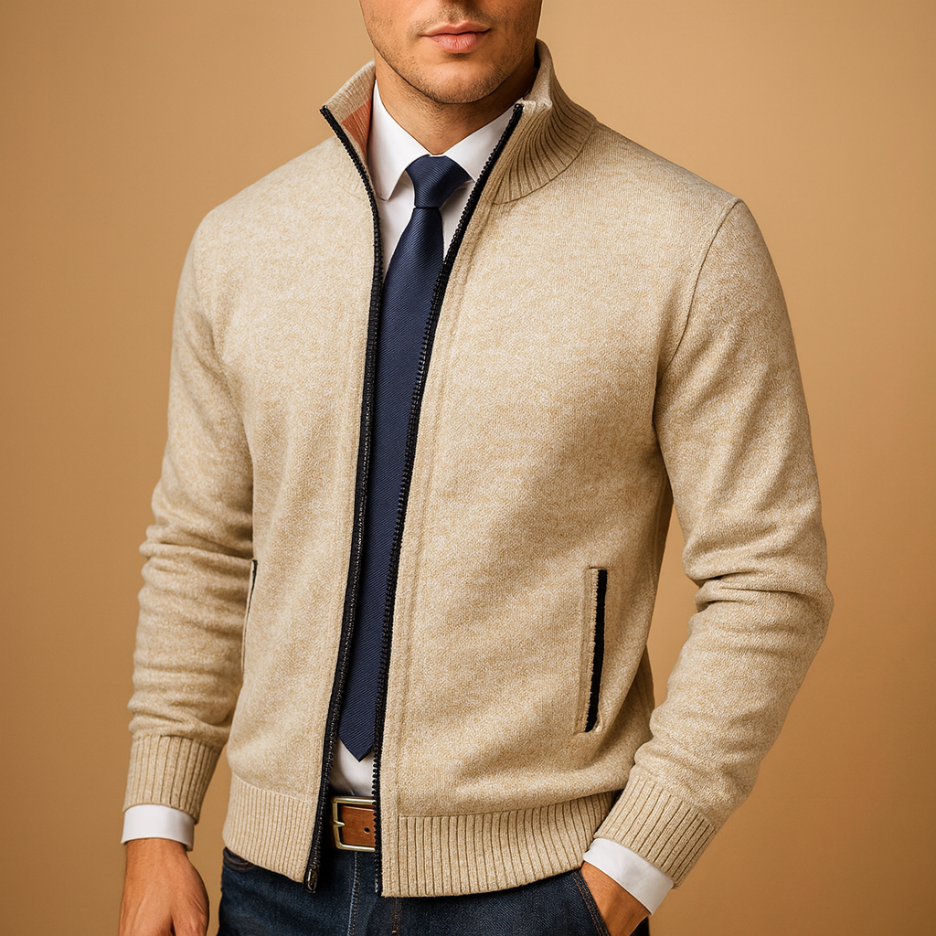 Men's Timeless Full-Zip Knit Cardigan Pullover – Beige
