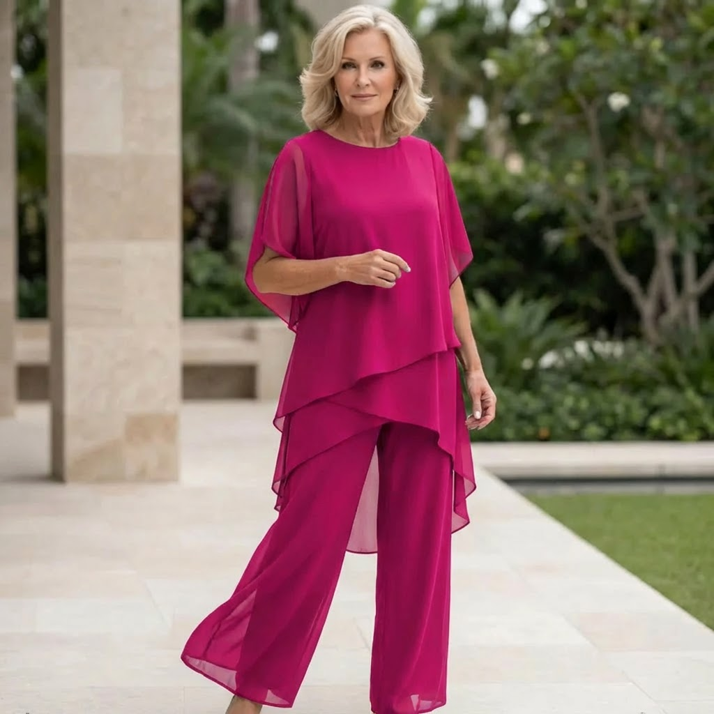 Women's Draped Palazzo Pants and Two-Piece Set with Top – Purple