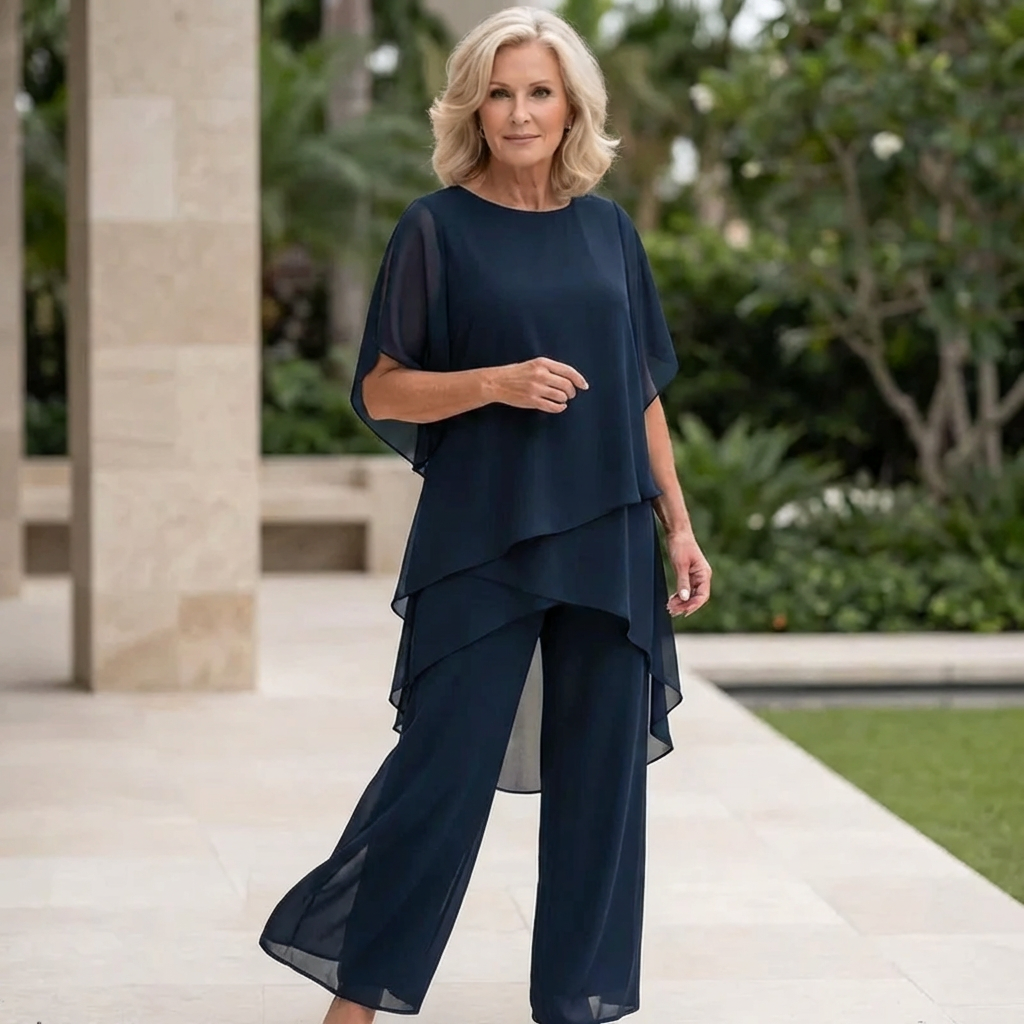 Women's Draped Palazzo Pants and Two-Piece Set with Top – Blue