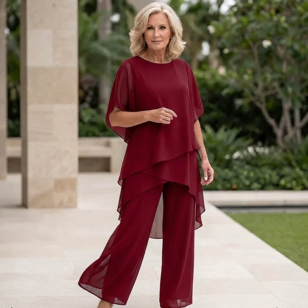 Women's Draped Palazzo Pants and Two-Piece Set with Top – Red