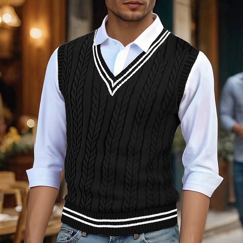 Men's Stripe-Detail Cable-Stitch V-Neckline Vest – Black