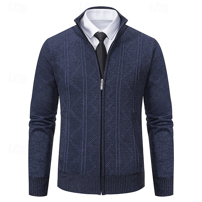 Men's Textured Knit Stand-Collar Zip Knit Cardigan – Navy Blue