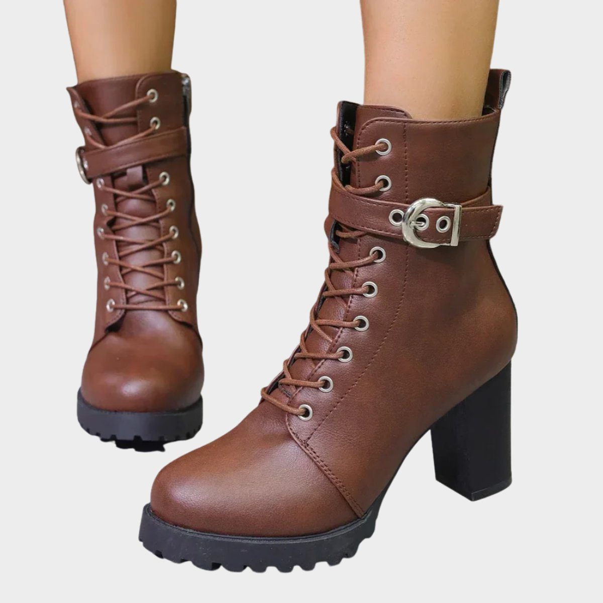 Women's Tie-Front Block-Heel Combat Boots – Brown