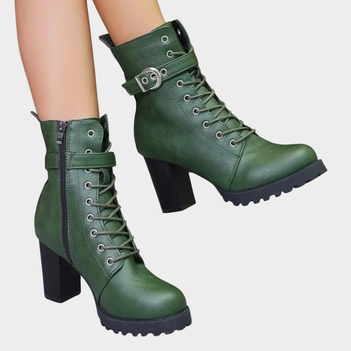 Women's Tie-Front Block-Heel Combat Boots – Green