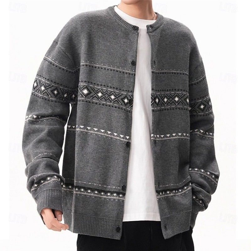 Men's Geometric Pattern Button-Front Holiday Knit Cardigan for Winter – view 3