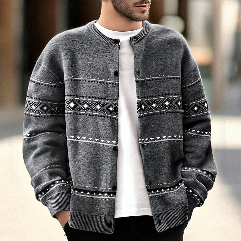 Men's Geometric Pattern Button-Front Holiday Knit Cardigan for Winter – Dark Gray